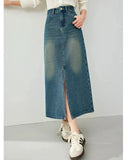 Vimly Denim Skirt for Women High Waist Split Long Jeans Skirt 2024 Spring Elegant Fashion 72295 LANFUBEISI