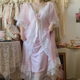 1 Set Fairytale Women Princess Pink Gauze Robe+Nightdress.Lady Girl Rose Lace Nightgowns Tulle Pajamas Vintage Sleepwear Nightie LANFUBEISI