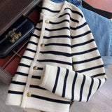 LANFUBEISI Women O-neck Stripe Knitted Cardigan Fashion Long Sleeve Single Breasted Short Tops 2024 New Spring Autumn Sweaters Cardigans