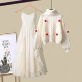 Winter New Style Personalized Knitted Sweater Pullover Lace Strap Two Piece Elegant Women's Dress Set Party Dresses LANFUBEISI