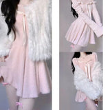 Sweet Lolita Style 2 Piece Dress Set Women White Plush Coat Kawaii Bow Knitted Sweater Skirts Suit Female Korean Fashion Outfits LANFUBEISI