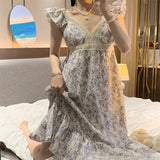 Floral Print Sleepwear Womens with Pad Nightgown Korean Vintage Ruffles Night Dress One Piece Pajama Summer V-neck Home Wear New LANFUBEISI