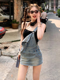 Japanese Kawaii Jean Strap Mini Dress Women 2000s Vintage Y2k Clothing Sleeveless Denim Dress Korean Even Party Chic Outwear LANFUBEISI