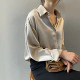 Women Silk Shirt New Vintage Fashion Solid Button Up Long Sleeves Blouse Tops Female Summer Casual Loose Office Lady Shirts LANFUBEISI