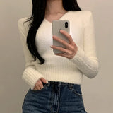 White Sweater Women 2023 Autumn Winter Soft Warm Clothes Long Sleeve Pullover Sweaters V Neck Slim Knitted Crop Tops Pull Femme LANFUBEISI