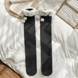 Japanese Vertical Stripe Plush Stockings Autumn Winter Cute Tights Kawaii Lamb Fur Wool Ball Calf Socks Lolita Knee High Socks LANFUBEISI