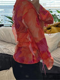 Tie-Dye Print Ruffle Trim Tie-Up Cardigans Women Long Sleeve Shirts Spring Summer V-Neck Swimsuit Cover-Up Tops LANFUBEISI