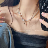 Y2K Retro Kpop Silver Color Pendant Necklaces For Women Gothic Zircon Heart Cross Tassel Necklace Punk Clavicle Choker Jewelry LANFUBEISI