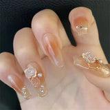 24Ps/Set Medium Long French Fake Nails Bow Japan Nude Pink with Pearls Artificial Acrylic Press on Nails Removable Stick on Nail LANFUBEISI