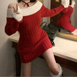 Christmas Sexy Red Christmas Dress Women Autumn Winter Korean Style Slash Neck Bodycon Knitted Dresses Female Elegant Y2k Party Mini Dress LANFUBEISI