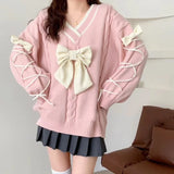 Y2k Sweater New Lace Up Oversize Cute Sweet Vneck Loose Knit Sweater Fashion Colour Matching Playful Lazy Style Knitwear LANFUBEISI