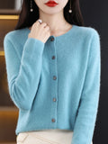 New Fashion Autumn 100% Pure Merino Wool Womens O-neck Cardigan Cashmere Sweater 2023 Female Clothing Grace Knitwear Korean Tops LANFUBEISI