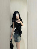 2024 Casual Chiffon Blouse Y2k Crop Tops + Mini Jean Skirts Korean Fashion Clothing 2 Piece Skirt Suits Outwear Even Party Denim LANFUBEISI