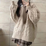 LANFUBEISI Autumn Winter Women Sweater Harajuku Oversized Knitted Pullovers Korean Long Sleeve V Neck Knitwear Preppy Solid Loose Jumper