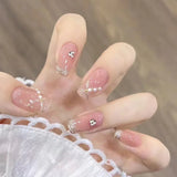 24Pcs/Box Cherry False Nails Pink with Glue Short Ballerina Wearable Fake Nails Acrylic Art Full Cover Press on Nails Tips LANFUBEISI