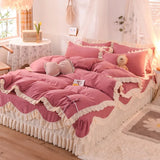 LANFUBEISI Korean Princess Style Bedding Set Soft Thickened Duvet Cover Bed Sheet Skirt and Pillowcases Cute Bow Girls Pink Comfort Cover LANFUBEISI