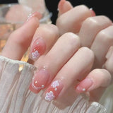 24pcs Short Square False Nails French Pink Glitter Gold Edge Full Cover Detachable Nail Tips LANFUBEISI