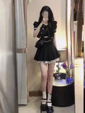 Black Gothic 2 Piece Dress Set Women Lace Elegant Crop Tops + Mini Skrits Summer Y2k Mini Dress Korean Fashion Suits Chic LANFUBEISI