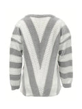 Plus Size Womens Long Sleeve Deep V Neck Zipped Up Hand Knit Striped Sweater Tops Loose Pullover Jumper Tops LANFUBEISI