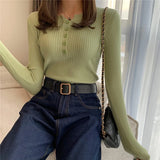 Knitted Women Sweater Button O-neck Pullovers Spring Autumn Basic Sweaters for Female Pullover Slim Solid Bold Stripes Tops LANFUBEISI