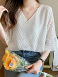 LANFUBEISI New Summer Short Sleeve Blouse Women V-Neck White Chiffon Women Blouse Shirt Tops Blouses Blusas Mujer De Moda 2024 Verano