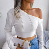 Sexy Women Solid Color Sweaters Hollow Out Design Diagonal Collar Long Sleeve Slim Pullovers Knitted Short Top LANFUBEISI