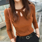 Women's O-neck Stretch Sexy Pullover Lady 2023 Autumn Winter Hollow Solid Color Sweater Slim Bottoming Shirt Jumper Sueter 16639 LANFUBEISI