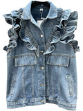 Denim Vest Women Ruffle Spliced Fashion Streetwear Single Breasted Sleeveless Jacket 2024 Summer New Tide Waistcoats LANFUBEISI