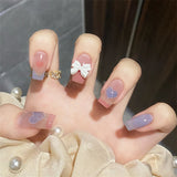 24Ps/Set Medium Long French Fake Nails Bow Japan Nude Pink with Pearls Artificial Acrylic Press on Nails Removable Stick on Nail LANFUBEISI