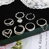 7pcs/set Fashion Heart Chain Ring Set For Women Metal Silver Color Geometric Hollow Finger Ring Trendy Jewelry Gifts 2023 LANFUBEISI