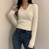 White Sweater Women 2023 Autumn Winter Soft Warm Clothes Long Sleeve Pullover Sweaters V Neck Slim Knitted Crop Tops Pull Femme LANFUBEISI