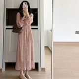 LANFUBEISI 2024 New Style Women's Long Sleeve Pink Floral Dress Salty French Tea Matching Lightweight Spring Clothing