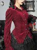 LANFUBEISI Goth Dark Elegant Velvet Striped Gothic Vintage Blouses Ruffles Hem Slim Button Up Women Shirts Autumn Long Sleeve Fashion Cloth