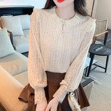 2024 New Fashion Long Sleeve Lace Blouse Women Apricot Lantern Sleeve Casual Women's Blouse Solid Sweet Ladies Shirt Blusas1222 LANFUBEISI