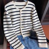 Women O-neck Stripe Knitted Cardigan Fashion Long Sleeve Single Breasted Short Tops 2024 New Spring Autumn Sweaters Cardigans LANFUBEISI