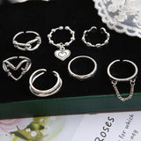 7pcs/set Fashion Heart Chain Ring Set For Women Metal Silver Color Geometric Hollow Finger Ring Trendy Jewelry Gifts 2023 LANFUBEISI