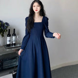 Black Dress Women's Autumn New Black Long Sleeve Dress Hepburn Style V-neck Ankle-length Retro Korean Style Long Black Dress LANFUBEISI