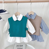 LANFUBEISI Spring Autumn Baby Girls Sweet Candy Color  Knitting Sweater Vest  Shirts Clothing Sets Children Korean Blouse Vest Outfits LANFUBEISI