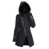 LANFUBEISI Halloween Womens Coats Tops Oblique Zipper Hooded Coat Solid Color Buckle Detail Casual Top Black Coat 2024 New