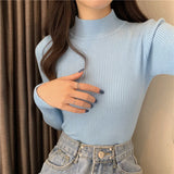 Jocoo Jolee 2023 Autumn Basic Bottoming Sweater Top Women Ribbed Soft Mock Neck Elastic Pullover Warm Solid Color Slim Jumper LANFUBEISI