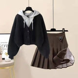 Plush Thickened Casual Long Sleeved Hooded Mini Pleated Skirt Two-piece Set Fashionable Women's Skirt Set LANFUBEISI