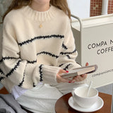 Women Sweater Casual Pullovers Autumn Winter Basics Knitted Korean Loose Striped O-neck Long Sleeve Elegance Sweet LANFUBEISI