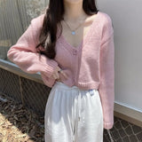 Y2k Women Cardigan Sweater Knitted Cropped Korean Short Long sleeve Crop Top V neck Fashion Clothe LANFUBEISI