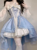 French Romantic Style Lolita Op Elegant Girl Cosplay Princess Puff Sleeve Ribbon Bowknot Flower Tunic Mesh Fantastic Fairy Dress LANFUBEISI