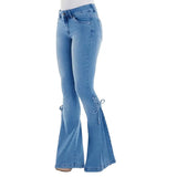 运费11 Mid Waisted Stretch Flare Jeans Women Denim Pants Wide Leg Butt-lifted Casual Korean Style Skinny Bell Bottom Pocket Trousers LANFUBEISI