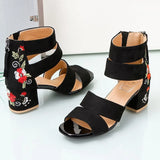 2023 Summer Ethnic Style Embroidered Mid-heel Sandals Women  All-match Thick Heel Elegant Retro Open Toe Embroidered Shoes Women LANFUBEISI