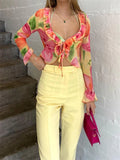 See-through Mesh Sheer Cardigans Chic Spring Summer Orange Floral Ruffle V-Neck Tie-up Crop Tops Women T-Shirt LANFUBEISI