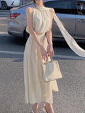 2022 Summer Elegant Vintage Dress Women White Design Party Slim One Piece Dress Koraen Casual Fairy White Beach Sleeveless Dress LANFUBEISI