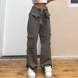 Harajuku Gray Pockets Cargo Jeans Sashes Korean Fashion Loose Straight Denim Trousers Y2K High Waist Pants Vintage Streetwear LANFUBEISI