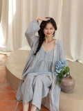 Women Spring Summer 3 Pcs Pajams Gown Set Female Sweet Geometric Printed Robe Top Pants Home Clothing Casual Loose Nightdress LANFUBEISI